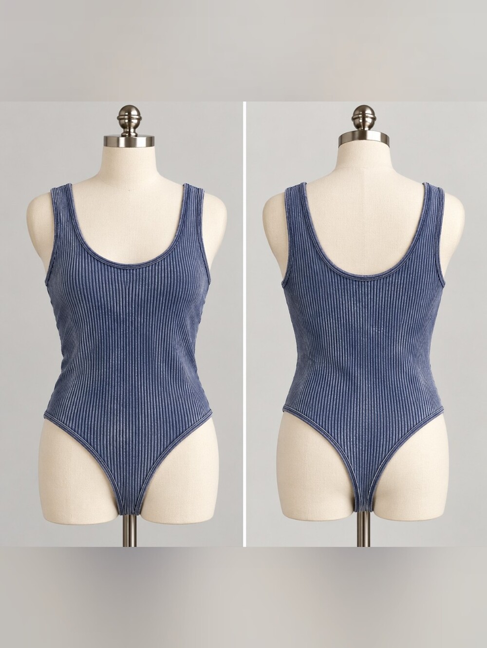 Blue faded vintage wash look ribbed stretchy roundneck bodysuit size M/L NEW